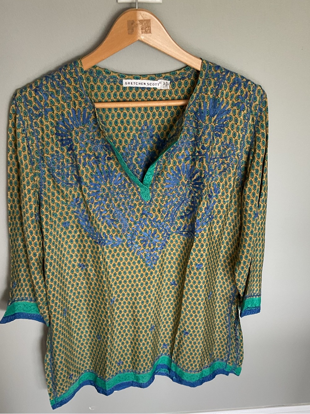 Gretchen Scott Designs Green Tunic with Blue Embroidery